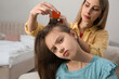 © New Africa - Mother using nit comb on her daughter's hair in bedroom. Anti lice treatment