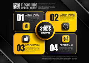 Wall Mural - infographics design, 4 process chart diagram, square template for presentation workflow, abstract timeline elements, flow chart business black color layout concept