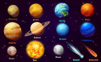 Poster - Sun system cartoon planets and stars, space and solar galaxy, vector universe background. Solar system planets Earth, Jupiter, Moon and Saturn with Mars, Pluto and Mercury orbit on planetary map