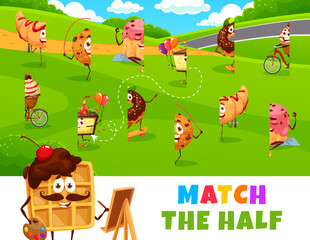 Poster - Match the half of cartoon desserts, sweets, cookie and cake characters. Child educational puzzle game, connect piece kids riddle vector worksheet with croissant, cupcake and donut, waffle personages