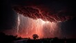 stormy sky with dark clouds, lightning flashes over the night sky. Concept on the theme of Severe Weather, natural disasters, natural basis for designer. 3D rendering. Raster illustration.