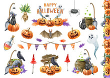 Halloween Decor Illustration Set. Hand Drawn Halloween Watercolor Collection. Scary Jack Head Pumpkin, Black Cat, Bat, Ghost, Broom , Border Decor Elements On White Background