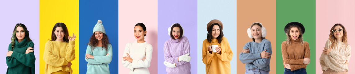 Wall Mural - Set of beautiful women in warm sweaters on colorful background