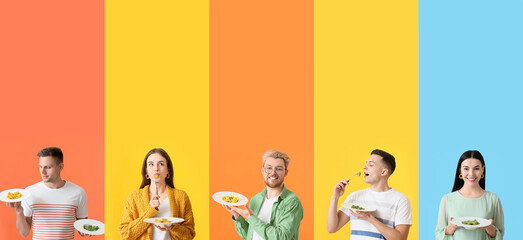 Set of people eating tasty ravioli on colorful background