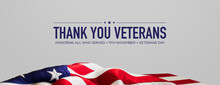 US Flag Banner With Veterans Day Caption On White. Premium Holiday Background.