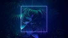 Tropical Leaves Illuminated With Green And Purple Fluorescent Light. Jungle Environment With Square Shaped Neon Frame.