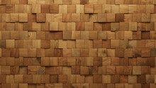 Wood Tiles Arranged To Create A Natural Wall. Square, 3D Background Formed From Timber Blocks. 3D Render