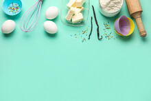 Set Of Ingredients And Utensils For Baking On Color Background