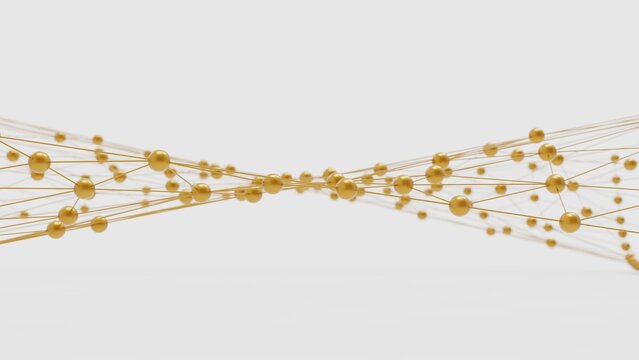 Gold atom structure on white background nder white light environment. Concept 3D CG of biological science, network technology and human strategy.