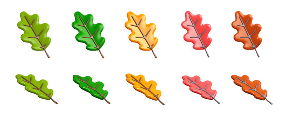 Set of oak leaves cartoon style on transparent background, 3d rendering illustration