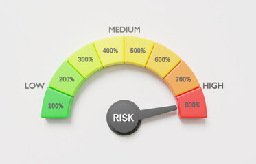 Risk levels percentage on white background speedometer icon infographic, arrow point scale speed high status red, Performance, pointer rating, meter, tachometer. 3d render illustration