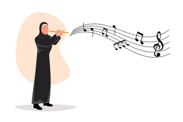 Sticker - Business flat cartoon style drawing Arab female musician playing flute. Flutist performing classical music on wind instrument. Solo performance of talented flautist. Graphic design vector illustration