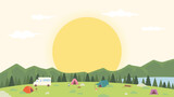 Fototapeta Natura - The sky with a big sun setting. Many camping tents in nature with mountains and lakes. flat design style vector illustration.
