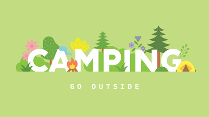 Wall Mural - Green camping lettering banner. Trees and flowering plants are decorated. flat design style vector illustration.