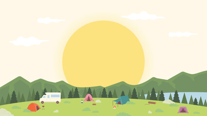 Wall Mural - The sky with a big sun setting. Many camping tents in nature with mountains and lakes. flat design style vector illustration.