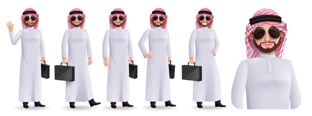 Poster - Saudi arab boss vector character set design. Arabian business man characters holding briefcase bag with sunglasses element for male professional collection. Vector illustration.
