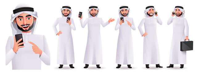Poster - Arab business man vector character set. Arabian male characters holding bag and phone isolated in white background for emirati collection design. Vector illustration.
