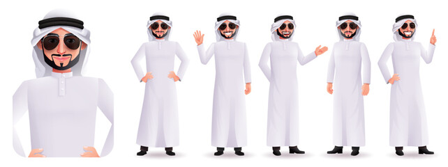Poster - Arab business man vector character set. Arabian boss characters in sunglasses with standing and waving pose and gestures for emirati people design collection. Vector illustration.
