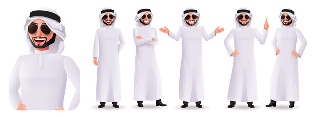 Poster - Arabian man vector character set design. Arab male characters with happy and smiling facial expression isolated in white background for business boss collection. Vector illustration.

