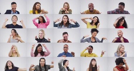 Poster - Dance, diversity and online meeting or video call with group of fun people against a white background. Party, happy and movement with young adults dancing and listening to music together