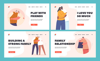  Romantic Relations Landing Page Template Set. Happy Men and Women Embracing and Hugging. Loving Couples Hug, Romance