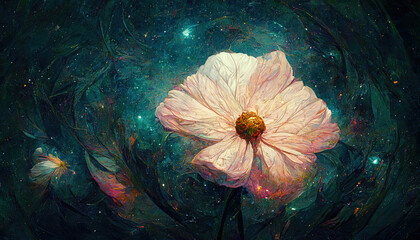 abstract, beautiful galaxy illustration flower in cosmos, the universe in the background, artistic v
