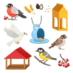 Sticker - Vector illustration set of urban birds and different bird feeders. Cute cartoon pigeon, sparrow, titmouse and bullfinch..