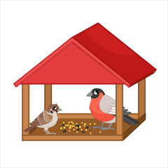 Sticker - Vector cartoon illustration of a bullfinch and a sparrow sitting in a bird feeder..