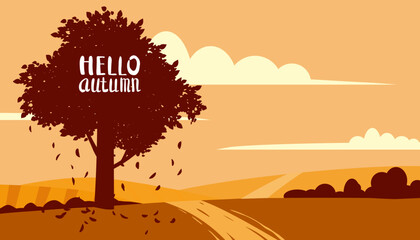 Wall Mural - Hello Autumn landscape countryside scene, banner. Rural fall view fields