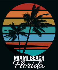 Wall Mural - Poster Retro Florida Miami Beach sunset print t-shirt design. Poster palm tree silhouettes