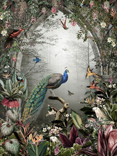 Forest Landscape Wallpaper Arch Of Trees, Plants,peacocks And Birds In Vintage Style,