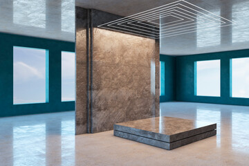 Aufkleber - Modern gallery interior with mock up place on marble wall, pedestal, windows with daylight and reflections. Museum concept. 3D Rendering.