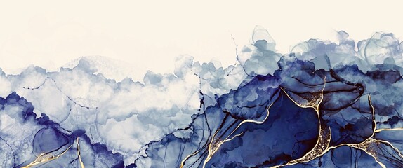 Wall Mural - abstract fluid art painting with alcohol ink, free copy space, blue color mix, hair dryer texhnique,