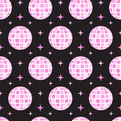 Pink groovy disco ball seamless pattern. Cute girly background in retro style.