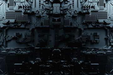 Poster - 3d illustration Futuristic tech postcard with the year 2023 on the background  black cyber armor. Close-up equipment for mining crypto-bitcoin; ether.
