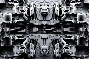 Poster - 3d illustration of a realistic model of a robot or black cyber armor. Close-up equipment for mining crypto-bitcoin; ether. Video cards; motherboards