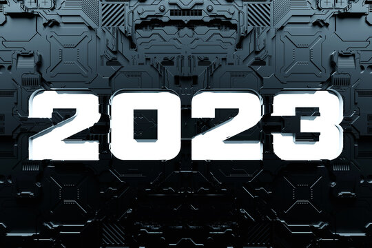 3d illustration Futuristic tech postcard with the year 2023 on the background of a metallic, technological cover of a spaceship or robot. Abstract graphics in the style of computer games.