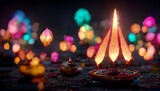 Fototapeta Las - illustation of Diwali festival of lights tradition Diya oil lamps against dark background