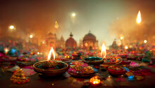 Illustation Of Diwali Festival Of Lights Tradition Diya Oil Lamps Against Dark Background