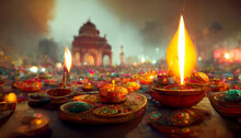 Illustation Of Diwali Festival Of Lights Tradition Diya Oil Lamps Against Dark Background