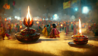 Canvas Print - illustation of Diwali festival of lights tradition Diya oil lamps against dark background