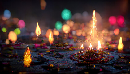 Canvas Print - illustation of Diwali festival of lights tradition Diya oil lamps against dark background