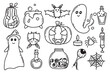 Halloween set. Doodle style. Vector illustration. Terrible collection for Halloween. Ghost, pumpkin, potion, jar with eyes.