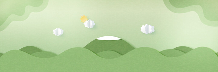 Poster - Green mountain landscape nature scenery banner background paper art style.Vector illustration.