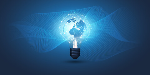 Poster - Cloud Computing, Electric and Global Network Connections Concept Design with Earth Globe Inside a Glowing Light Bulb, Transparent Geometric Mesh Wavy Mesh Around-Illustration in Editable Vector Format