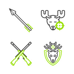 Wall Mural - Set line Deer head with antlers on shield, Two crossed shotguns, Hunt moose crosshairs and Hipster arrow icon. Vector