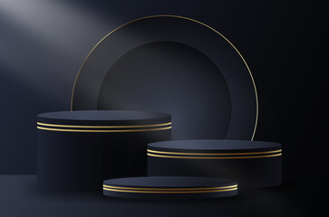 realistic 3d cylinder pedestal podium with black background. pastel minimal scene. stage for showcas