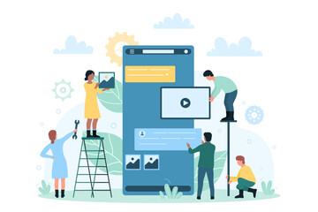 Mobile app development, creative content creation with tiny people. Cartoon developers making application UI, standing near giant smartphone flat vector illustration. Usability, teamwork concept