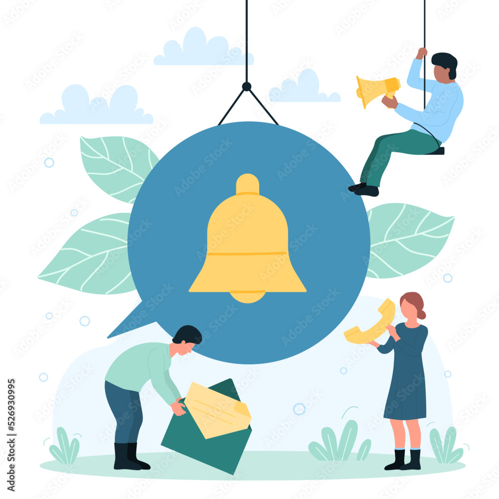 Incoming notification messages in mobile apps and tiny people. Cartoon ...