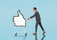Businessman Pushing Social Media Like Button In Shopping Cart
